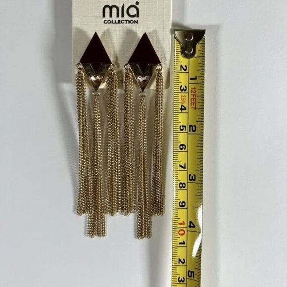 Mia Collection Earrings Dangle Burgundy Triangle With Gold Tone Chain Fringe - Picture 2 of 5